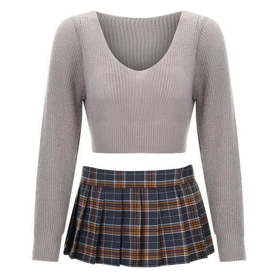 Arlun 2 Piece Jk Skirt Suits for Womens Solid Color Soft V-Neck Long Sleeve Sweater Tops and Checkered Print Pleated Short Skirts Lightweight Comfy Preppy Outfits Grey One Size