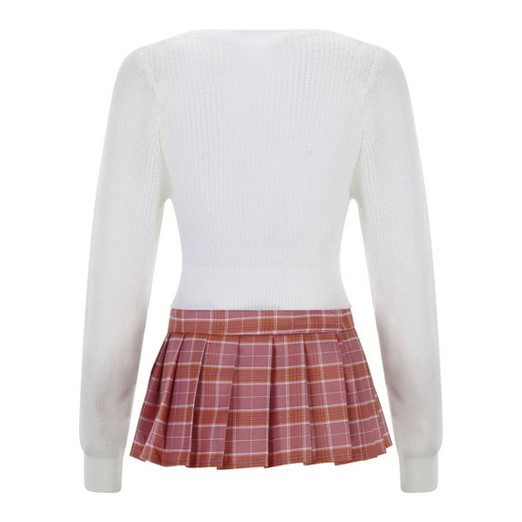 Arlun 2 Piece Jk Skirt Suits for Womens Solid Color Soft V-Neck Long Sleeve Sweater Tops and Checkered Print Pleated Short Skirts Lightweight Comfy Preppy Outfits Pink One Size