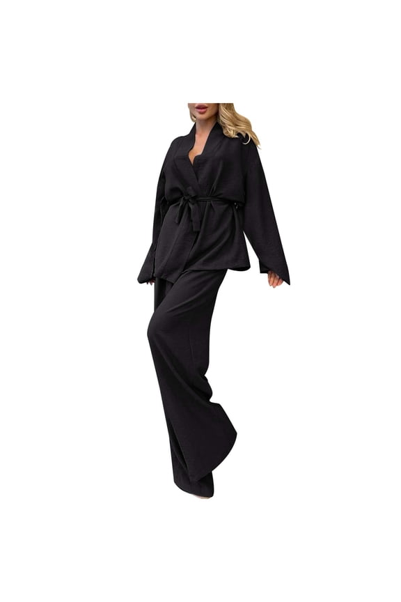 2 Piece Pajamas Sets for Women Long Sleeve Wrap Tie Shirts Tops and Loose Elastic Waited Long Pants Solid Color Lightweight Soft Comfy Loungewear Pjs Sets Black L