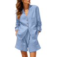 thumbnail image 1 of Arlun 2 Piece Sets for Women Breathable Linen V-Neck Long Sleeves Button down Shirts and Wide Leg Shorts Set 2026 Fashion Solid Color Summer Vacation Beach Outfits Sky Blue XL, 1 of 4