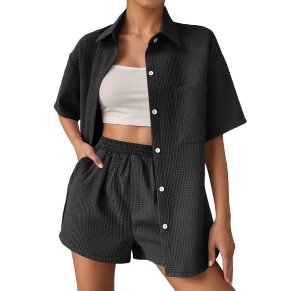 Arlun 2 Piece Sets for Women Casual Button down Short Sleeve Tops Matching Shorts with Pockets Solid Color Waffle Outfits Loose Comfortable Loungewear Sets Black XL