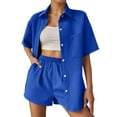 thumbnail image 1 of Arlun 2 Piece Sets for Women Casual Button down Short Sleeve Tops Matching Shorts with Pockets Solid Color Waffle Outfits Loose Comfortable Loungewear Sets Blue L, 1 of 5