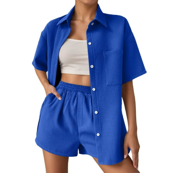 Arlun 2 Piece Sets for Women Casual Button down Short Sleeve Tops Matching Shorts with Pockets Solid Color Waffle Outfits Loose Comfortable Loungewear Sets Blue L
