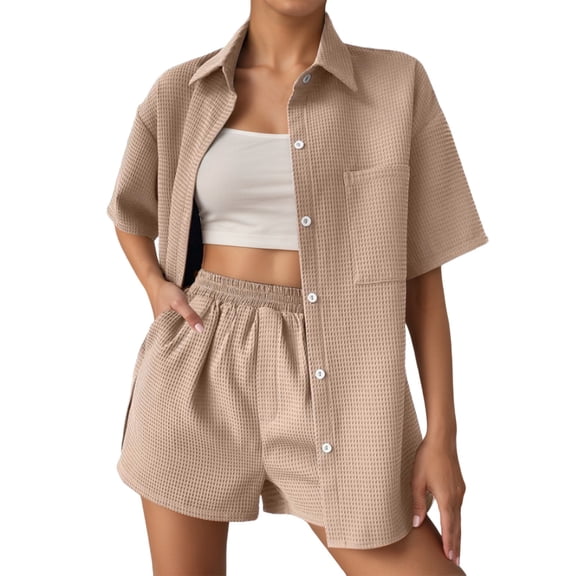 Arlun 2 Piece Sets for Women Casual Button down Short Sleeve Tops Matching Shorts with Pockets Solid Color Waffle Outfits Loose Comfortable Loungewear Sets Khaki M