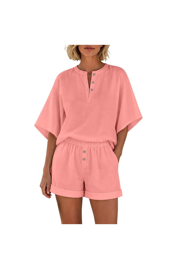 2 Piece Short Sets for Women Summer 2026 Casual V-Neck Half Sleeve Button up Tops Wide Leg High Waist Shorts Set Simple Casual Beach Travel Two Piece Outfits Pink XXL