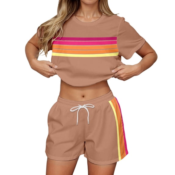 Arlun 2 Piece Workout Sets for Women Summer Striped Crew Neck Short Sleeve Tops Casual Shorts Color Blocked Sweatsuit Casual Outdoor Sports and Leisure Matching Outfits Khaki M