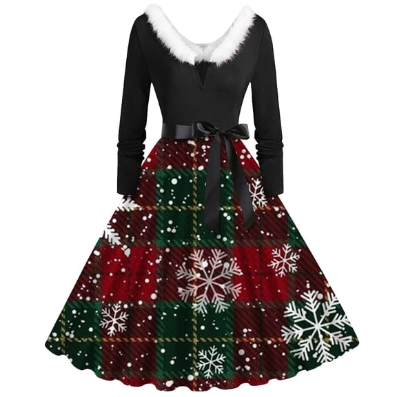 Arlun 2025 Christmas Formal Dresses for Women Trendy Plush V-Neck Cute X-Mas Reindeer Snowman Glass Print Midi Dress Long Sleeve Swing Hem Ladies A-Line Dressy with Belt Green XXL