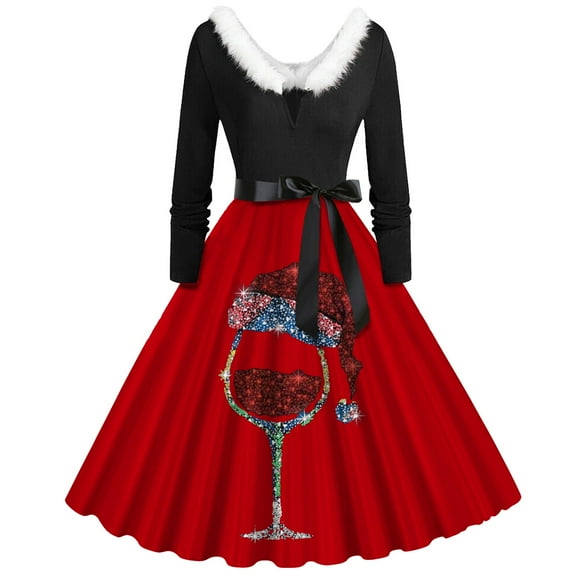 Arlun 2025 Christmas Formal Dresses for Women Trendy Plush V-Neck Cute X-Mas Reindeer Snowman Glass Print Midi Dress Long Sleeve Swing Hem Ladies A-Line Dressy with Belt M