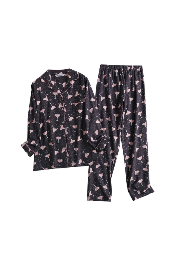 2025 Cute Printed Pajamas for Women Set Long Sleeve Button down Tops Baggy Elastic Waited Long Pants Comfy Soft Fashion 2 Piece Pjs Sets Loungewear Black L