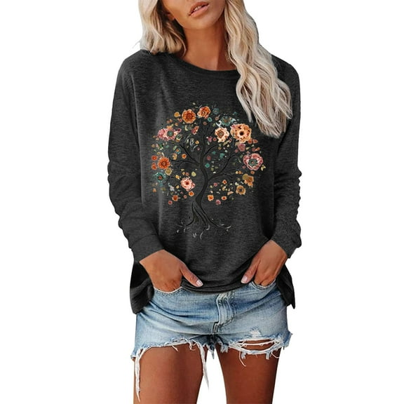 Arlun,2025 Fall Crew Neck Long Sleeve T Shirts Plus Size Fashion Graphic Printed Loose Fit Comfortable Lightweight Tops Soft Baggy Lounge Tops Dark Gray M