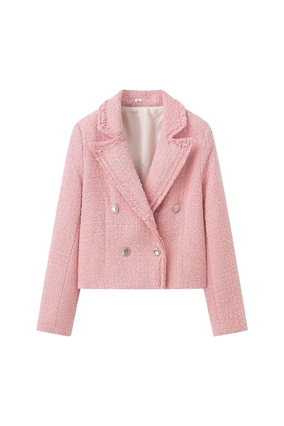 2025 Fall Tweed Blazer Jackets for Women Fashion Texture Coarse Double Buckle Decoration Long Sleeved Coat Elegant Lapel Design Comfort Warm Cute Coat with Pockets Pink M