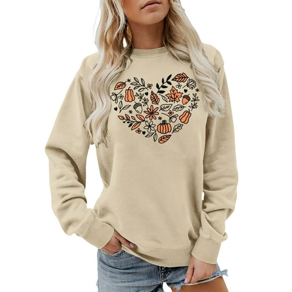Arlun 2025 Fall Winter Crewneck Sweatshirts for Women Trendy Pumpkin Flowers Leaves Printed Crewneck Sweatshirts Heart-Shaped Graphic Cozy Long Sleeve Hoodless Pullover Tops Beige L