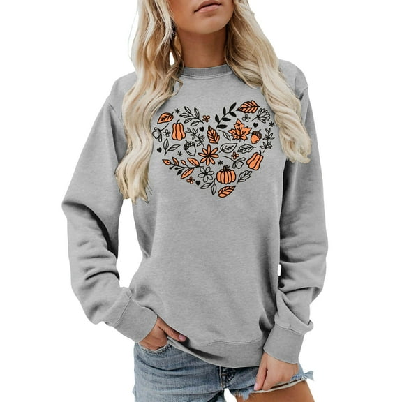 Arlun 2025 Fall Winter Crewneck Sweatshirts for Women Trendy Pumpkin Flowers Leaves Printed Crewneck Sweatshirts Heart-Shaped Graphic Cozy Long Sleeve Hoodless Pullover Tops Light Gray XXL