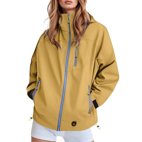 Arlun 2025 Fall Winter New Jackets for Women Fashion Bright Colors Zipper up Oversized Comfy Warm Hooded Coat Lightweight Windbreaker Waterproof Outdoor Jacket with Pockets Yellow XL