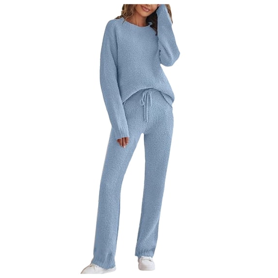 Arlun 2025 Fall Winter Womens Pajama Sets Fleece Long Sleeve Crewneck Tops and Elastic Waited Drawstring Long Pants Oversized Soft Warm Comfortable Pajamas Set Loungewear Pjs Blue M