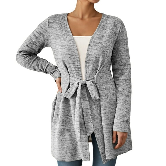 Arlun 2025 Fashion Belted Open Front Cardigans Long Sleeve Lightweight Layering Casual Lace up Cardigan V-Neck Long Sleeve Solid Color Soft Comfortable Long Cardigan Outwear Light Gray XL