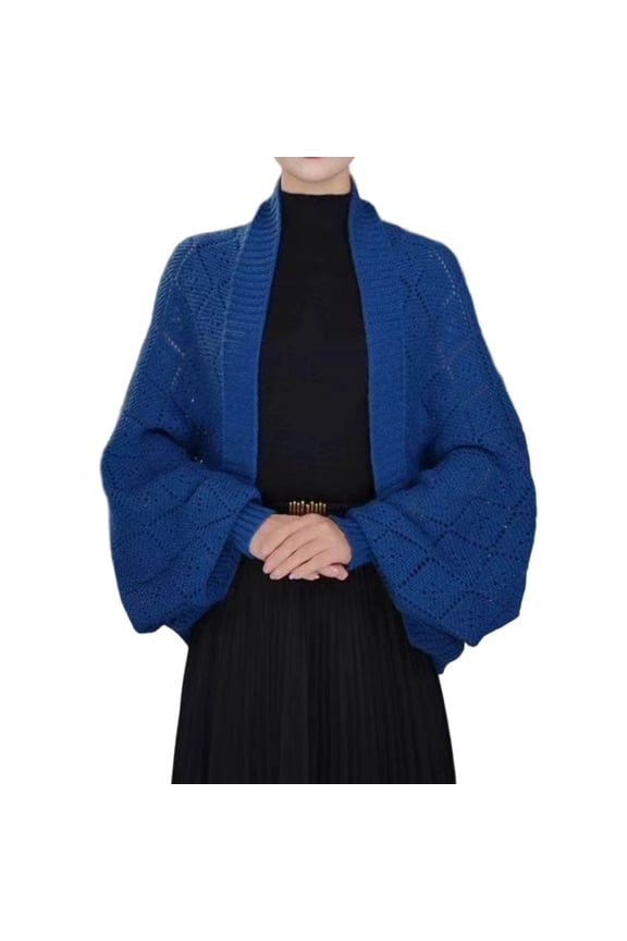 2025 Fashion Hollow out Knitted Shawl Cardigans Women's Checkered Design Lantern Sleeve Open Front Sweaters Coat Soft Comfort Pure Loose Fall Winter Long Sleeve Outwear Blue One Size
