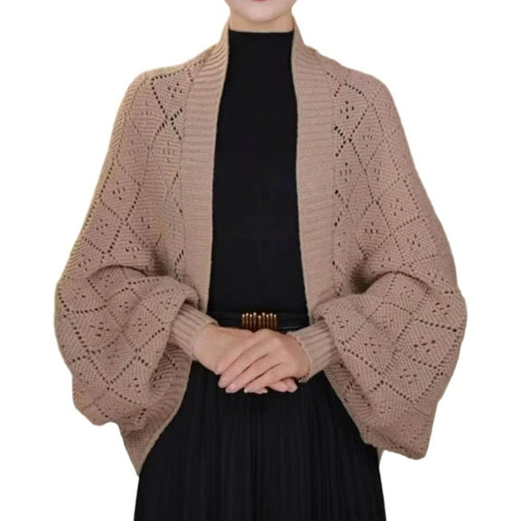 Arlun 2025 Fashion Hollow out Knitted Shawl Cardigans Women's Checkered Design Lantern Sleeve Open Front Sweaters Coat Soft Comfort Pure Loose Fall Winter Long Sleeve Outwear Khaki One Size