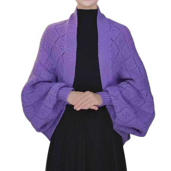 Arlun 2025 Fashion Hollow out Knitted Shawl Cardigans Women's Checkered Design Lantern Sleeve Open Front Sweaters Coat Soft Comfort Pure Loose Fall Winter Long Sleeve Outwear Purple One Size