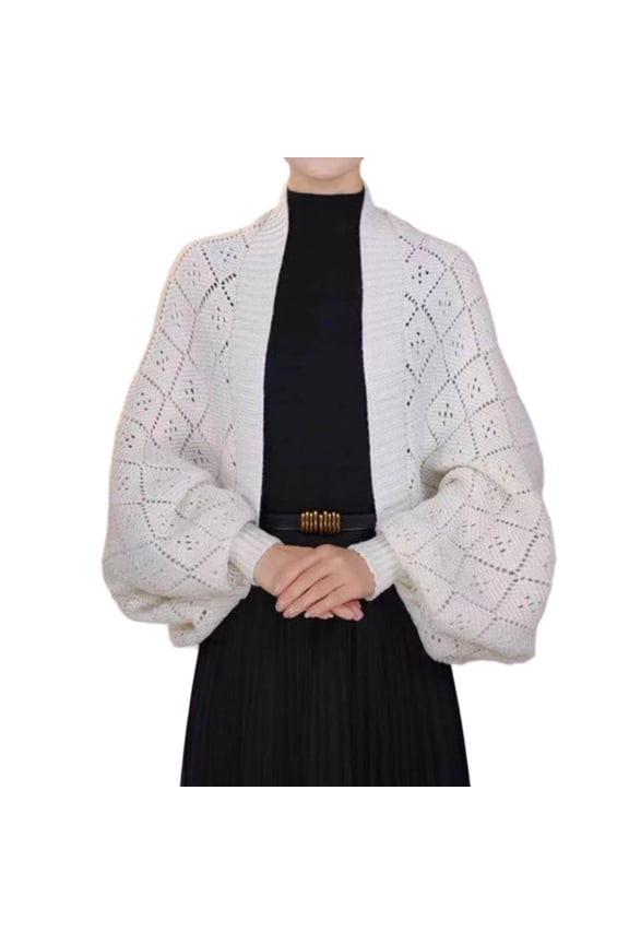 2025 Fashion Hollow out Knitted Shawl Cardigans Women's Checkered Design Lantern Sleeve Open Front Sweaters Coat Soft Comfort Pure Loose Fall Winter Long Sleeve Outwear Beige One Size