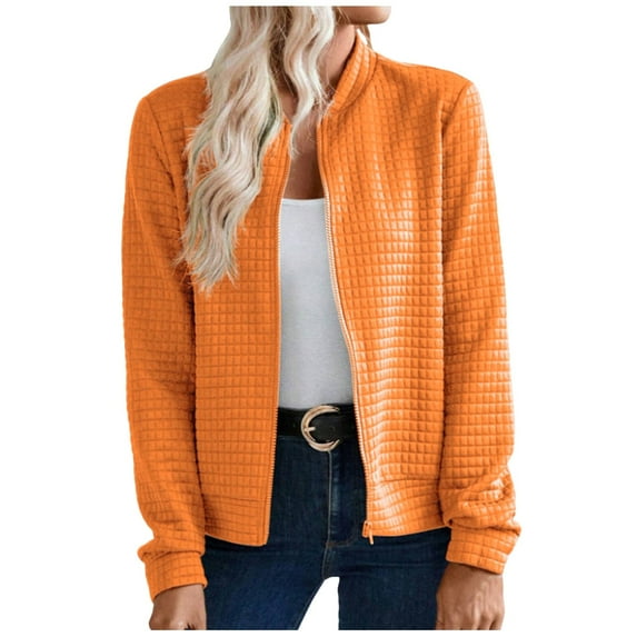 Arlun 2025 Fashion Waffle Zipper up Jackets for Women Casual Solid Color Casual Full Zip Bomber Coat Long Sleeve Stand Collar Lightweight Comfortable Fall Outerwear Tops Orange XL