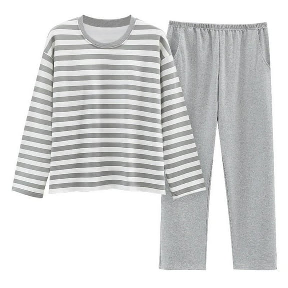 Arlun 2025 New Fall Pajamas Set for Women Fashion Stripes Printed 2 Piece Pjs Crewneck Long Sleeve Built-In Padding Tshirts and Baggy Long Pants Sleepwear Loungewear Grey XXL