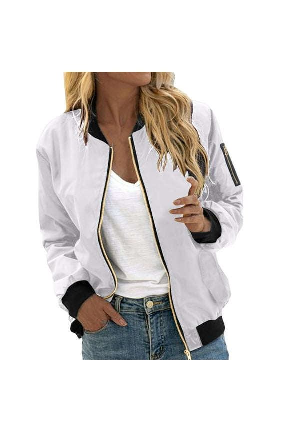 2025 Womens Lightweight Bomber Jackets Trendy Solid Color Casual Zipper up Windbreaker Outwear Plus Size Fall Fashion Loose Comfortable Work Coats with Pockets White M