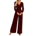 thumbnail image 1 of Arlun 2026 Formal Jumpsuits for Women Dressy Long Sleeve V-Neck Wrapped Wide-Leg Rompers Trendy Pleated Waisted Solid Color Loose Comfy Business Casual Outfits XL, 1 of 6