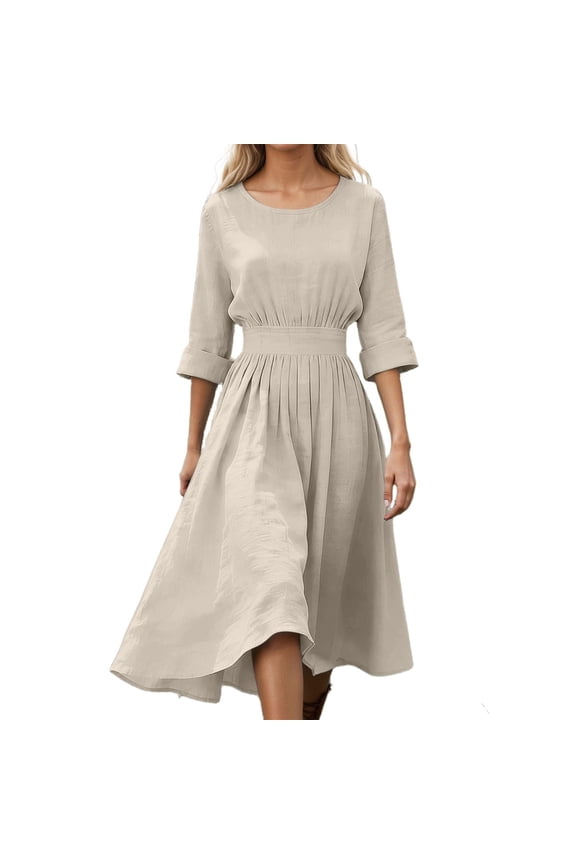 2026 Spring Elegant Dresses for Women Round Neck 3/4 Sleeves Elastic Waisted Slim Fit Midi Dress Trendy Simple and Stylish Flowy Hem Frock Beige S