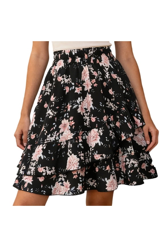 2026 Spring Floral Boho Mini Short Skirts Summer Chiffon Layered Ruffle Flowy Tutu Skirt Fashionable Lightweight Comfy Beach Holiday Outfits 2-Black M