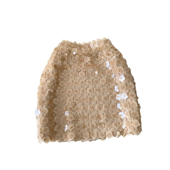 Arlun 2026 Spring Flower Shape Sequin Mini Skirts for Women Sparkly High Waisted Stretchy Bodycon Skirts Night out Party Short Skirt Summer Outfit Beige M