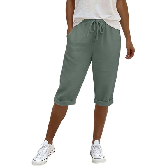 Arlun 2026 Summer Beach Linen Five Point Pants with Pockets Lightweight Comfort Breathable Pure Color Half Trousers Stretch Waist Straight Leg Knee Length Leisure Pant Light Green L