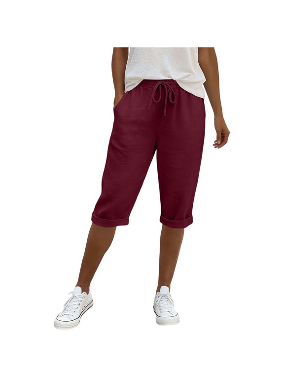 2026 Summer Beach Linen Five Point Pants with Pockets Lightweight Comfort Breathable Pure Color Half Trousers Stretch Waist Straight Leg Knee Length Leisure Pant M