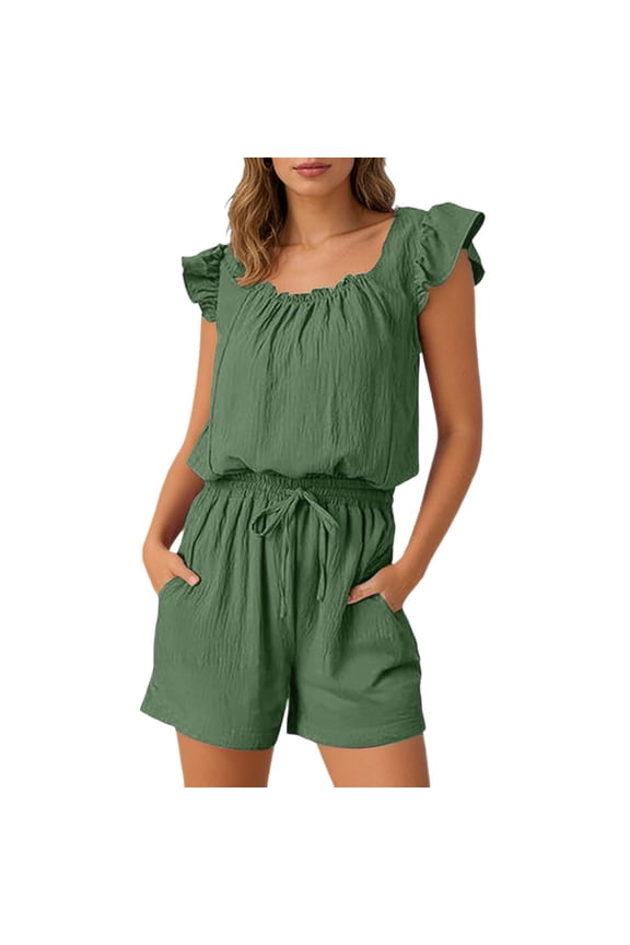 2026 Summer Jumpsuits for Women Casual Ruffle Short Sleeves Square Neck Drawstring Elastic Waist Rompers Beach Lightweight Breathable Short Overalls with Pockets Green XL