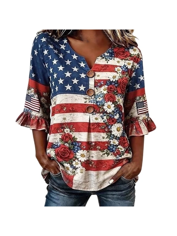 250 Anniversary USA Plus Size Womens Tops 4th of July Linen Loose Button up V-Neck Summer Casual T-Shirts 1776-2026 250th Anniversary Retro American Flag Graphic Tees 6-Blue M