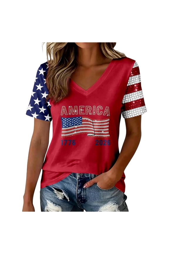 250th Anniversary USA Shirt Women 1776-2026 American Flag Print V-Neck T Shirts 4th of July Short Sleeves Patriotic Tees Loose Comfortable 250 Years Independence Day Tops 2-Red M