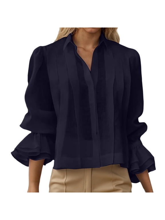 3/4 Ruffle Sleeve Button down Shirts for Women Dressy Casual Lapel V-Neck Pleated Blouse Trendy Lightweight Breathable Cropped Work Tops Navy S