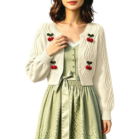 Arlun 3D Cherry Cropped Cardigan Sweater for Women Classic Crew Neck Open Front Long Sleeve Chunky Cardigans Cute Trendy Fall Winter Button down Short Outerwear