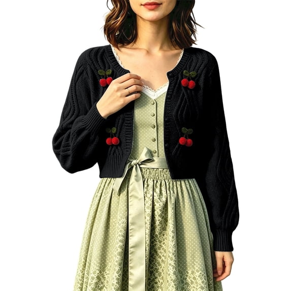 Arlun 3D Cherry Cropped Cardigan Sweater for Women Classic Crew Neck Open Front Long Sleeve Chunky Cardigans Cute Trendy Fall Winter Button down Short Outerwear