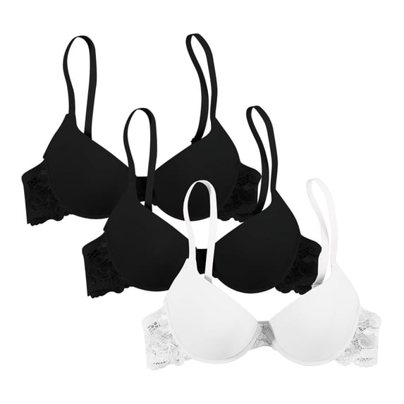 Arlun 3PC Women's Plunge Push Up Bras Smooth Breathable Lace Demi Cup T-Shirt Bras Supportive Lightweight Comfortable Soft Padded Bralettes Black4 75B