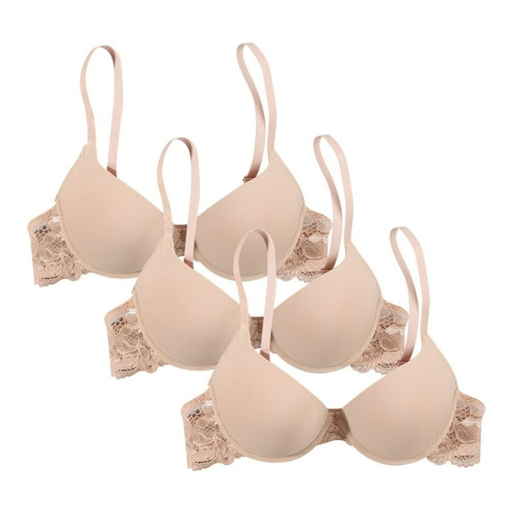 Arlun 3PC Women's Plunge Push Up Bras Smooth Breathable Lace Demi Cup T-Shirt Bras Supportive Lightweight Comfortable Soft Padded Bralettes Beige 70B