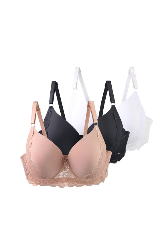 3PCS Lace Comfortable Wireless Bras for Women Full Coverage Push up Supportive Bralettes Solid Color Smooth Seamless Adjustable Straps Bras for Everyday Wear Watermelon Red 95C