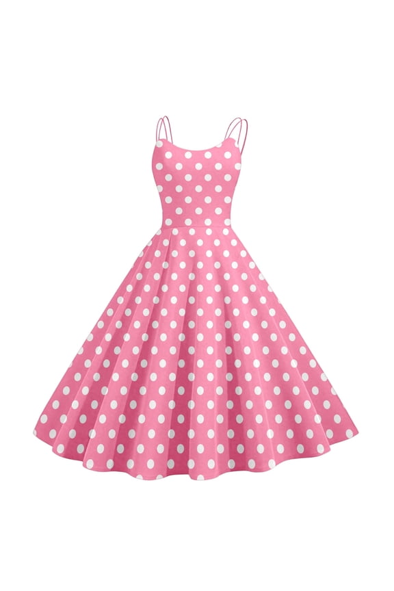 50s Retro Spaghetti Strap Dresses for Women Vintage Sleeveless Polka Dot Printed Cocktail Party Dress Loose Comfortable Stylish Birthday Dresses 2026 Spring Summer Clothing Pink M