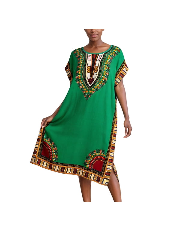 African Print Women Kaftan Dress Crewneck Short Sleeved Tunic Long Maxi Dresses Plus Size Loose Comfort Breathable Gown Beach Party Casual Kimono Nightdress Green One Size
