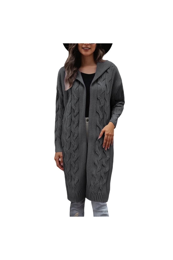 Aran Cardigan Sweaters for Women Oversized Cable Knit Open Front Hooded Cardigans Coats Solid Color Long Sweater Coats Fashion Winter Warm Outwear Grey S