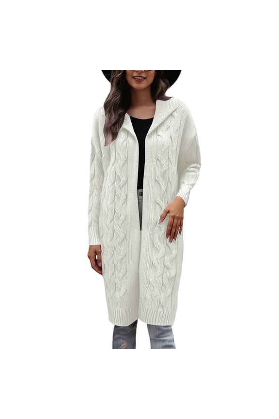 Aran Cardigan Sweaters for Women Oversized Cable Knit Open Front Hooded Cardigans Coats Solid Color Long Sweater Coats Fashion Winter Warm Outwear White S