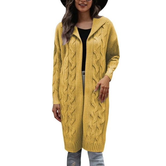 Arlun Aran Cardigan Sweaters for Women Oversized Cable Knit Open Front Hooded Cardigans Coats Solid Color Long Sweater Coats Fashion Winter Warm Outwear Yellow XL