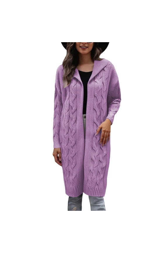 Aran Cardigan Sweaters for Women Oversized Cable Knit Open Front Hooded Cardigans Coats Solid Color Long Sweater Coats Fashion Winter Warm Outwear Purple S