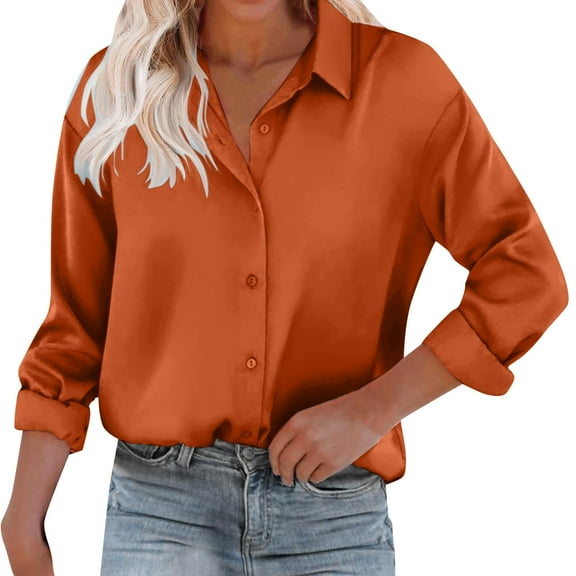 Arlun Artificial Silk Long Sleeve Shirts for Women 2025 Loose Fit Button down Lapel Satin Shirt Dressy Casual Lightweight Soft Comfy Solid Color Blouse Tops Orange S