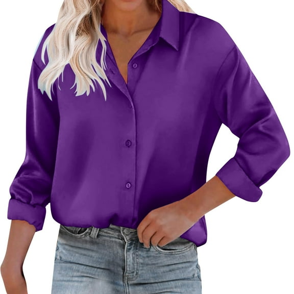 Arlun Artificial Silk Long Sleeve Shirts for Women 2025 Loose Fit Button down Lapel Satin Shirt Dressy Casual Lightweight Soft Comfy Solid Color Blouse Tops Purple XXL